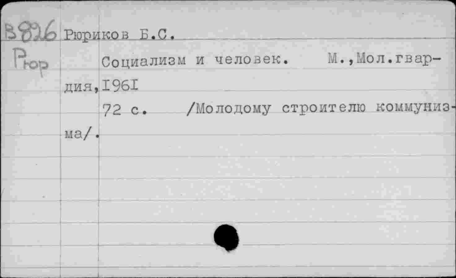 ﻿Рюриков.Б.С.____
Социализм и человек. М.,Мол.гвардия, 1961
72 с. /Молодому строителю коммуниз ма/.